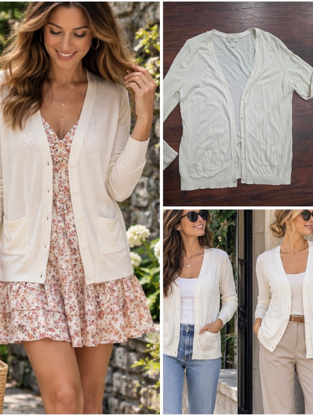 LOFT Cream Button-Front V-Neck Cardigan